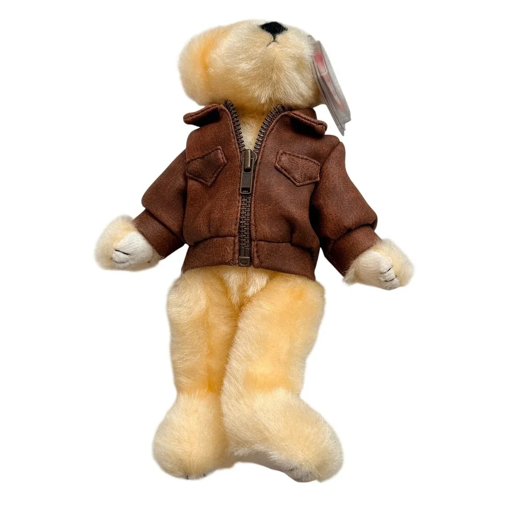 Ty Attic Treasures Baron Bear Aviator Bomber Jacket Tan Brown 8 inch Plush Toy